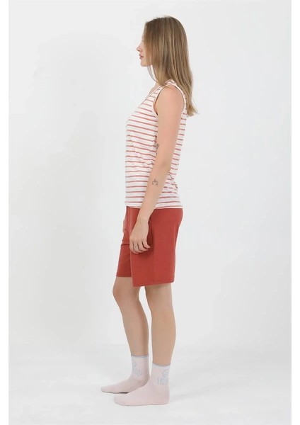Kadın Kalın Askılı Pamuk Penye Şortlu Takım Turuncu indirimleri