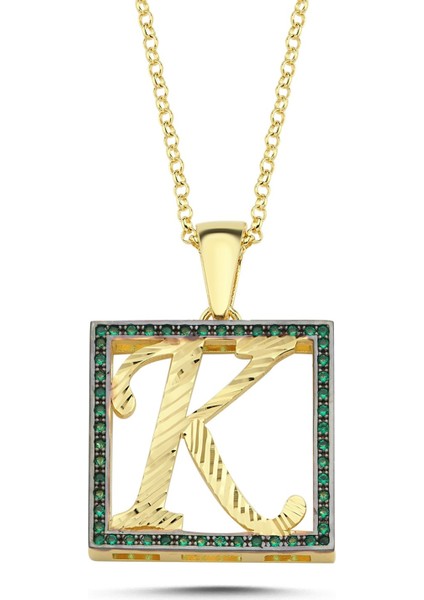 K Harfli Yeşil Taşlı 14 Ayar Altın Kaplama Kolye HR12