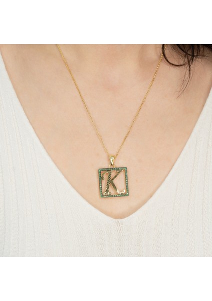 K Harfli Yeşil Taşlı 14 Ayar Altın Kaplama Kolye HR12 fiyatları