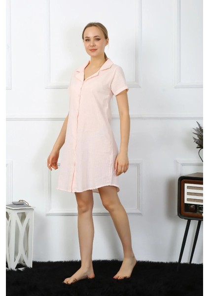 Kadın Pamuk Keten Kısa Kol Düğmeli Pudra Tunik Gecelik fiyatları