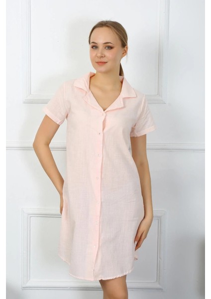 Kadın Pamuk Keten Kısa Kol Düğmeli Pudra Tunik Gecelik fırsatları
