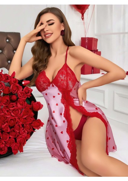 Kadın Kırmızı Kalp Desenli Saten Gecelik 2220