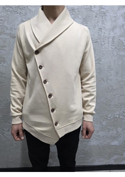 Asimetrik Kesim Düğmeli Şal Yaka Hırka