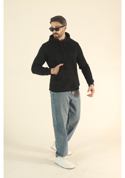 Erkek Basic Kışlık Içi Polarlı Sweatshirt - Siyah Regular Yandan Cepli Kapüşonlu fiyatları