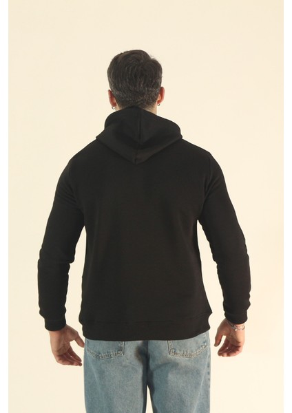 Erkek Basic Kışlık Içi Polarlı Sweatshirt - Siyah Regular Yandan Cepli Kapüşonlu modelleri