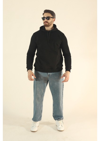 Erkek Basic Kışlık Içi Polarlı Sweatshirt - Siyah Regular Yandan Cepli Kapüşonlu fırsatları