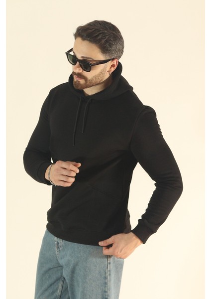 Erkek Basic Kışlık Içi Polarlı Sweatshirt - Siyah Regular Yandan Cepli Kapüşonlu indirimleri