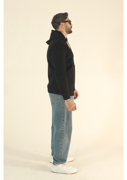 Erkek Basic Kışlık Içi Polarlı Sweatshirt - Siyah Regular Yandan Cepli Kapüşonlu