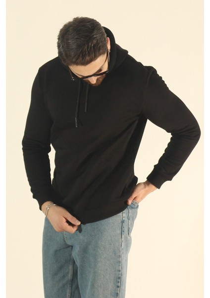 Erkek Basic Kışlık Içi Polarlı Sweatshirt - Siyah Regular Yandan Cepli Kapüşonlu