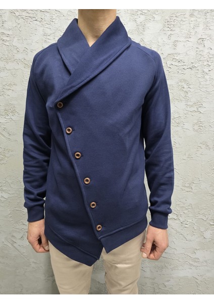 Asimetrik Kesim Düğmeli Şal Yaka Hırka