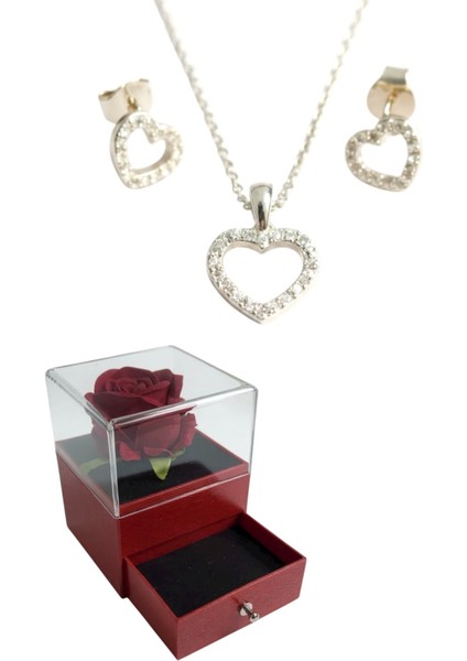 Çekmeceli Kutuda 925 Ayar Gümüş Kalp Zirkon Taşlı Set Kadın