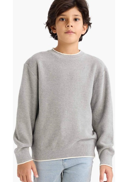 %100 Pamuk Erkek Çocuk Gri Bisiklet Yaka Basic Düz Triko Kazak U8991A624AU