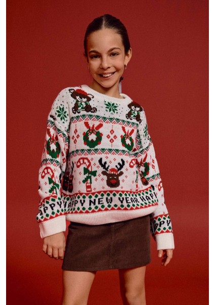 Kız Çocuk Yılbaşı Temalı Oversize Geniş Kalıp Bisiklet Yaka Kazak G0914A825WN