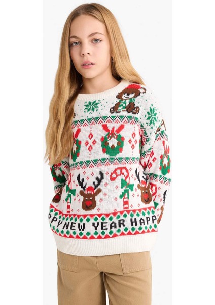 Kız Çocuk Yılbaşı Temalı Oversize Geniş Kalıp Bisiklet Yaka Kazak G0914A825WN modelleri