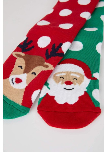 Kadın Yılbaşı Temalı Yeni Yıl Baskılı 2'li Pamuklu Havlu Çorap Y8749AZNS fırsatları