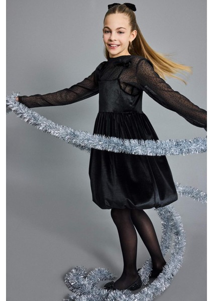 Kız Çocuk 2'li Takım Uzun Kollu Tül Bluz Kadife Askılı Elbise G5387A825WN