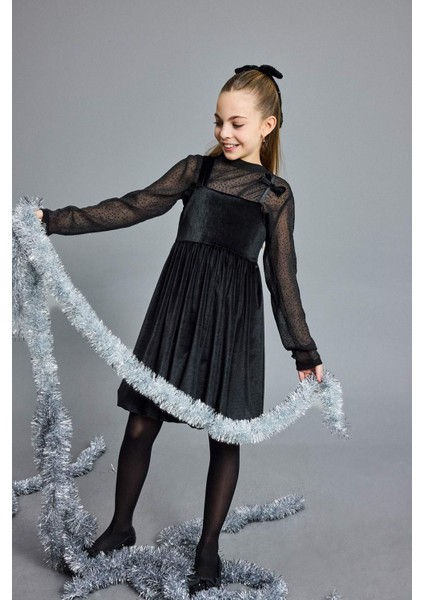 Kız Çocuk 2'li Takım Uzun Kollu Tül Bluz Kadife Askılı Elbise G5387A825WN fiyatları