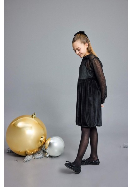 Kız Çocuk 2'li Takım Uzun Kollu Tül Bluz Kadife Askılı Elbise G5387A825WN modelleri