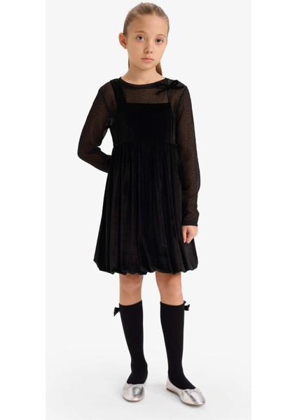 Kız Çocuk 2'li Takım Uzun Kollu Tül Bluz Kadife Askılı Elbise G5387A825WN fırsatları