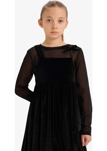 Kız Çocuk 2'li Takım Uzun Kollu Tül Bluz Kadife Askılı Elbise G5387A825WN indirimleri