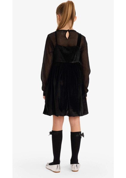 Kız Çocuk 2'li Takım Uzun Kollu Tül Bluz Kadife Askılı Elbise G5387A825WN