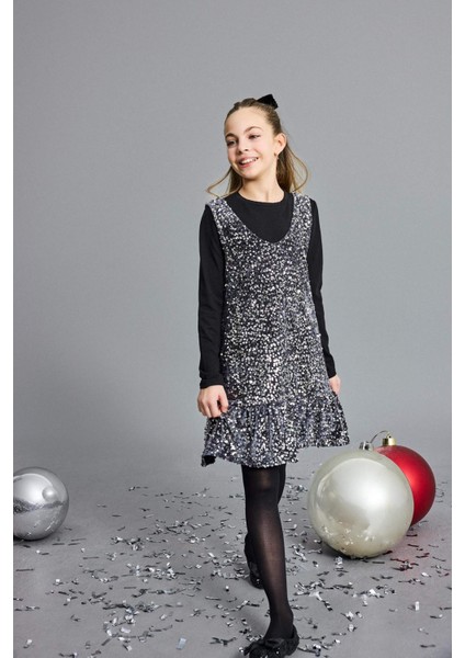 Kız Çocuk 2'li Takım Uzun Kollu Tişört Payetli Kolsuz Elbise G5388A825WN