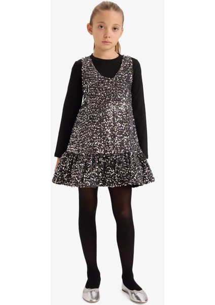 Kız Çocuk 2'li Takım Uzun Kollu Tişört Payetli Kolsuz Elbise G5388A825WN modelleri