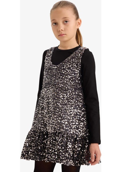 Kız Çocuk 2'li Takım Uzun Kollu Tişört Payetli Kolsuz Elbise G5388A825WN fırsatları