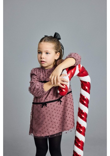 Kız Bebek Puantiyeli Fiyonk Detaylı Uzun Kollu Tül Elbise G5732A525WN