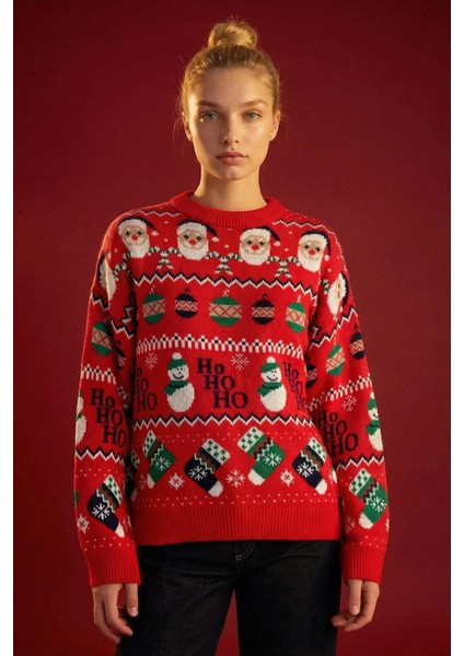 Yılbaşı Temalı Bisiklet Yaka Triko Kazak D1111AX24CW