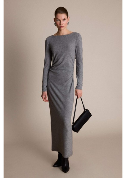 Fitted Bisiklet Yaka Penye Uzun Kollu Midi Elbise G6952AX25WN