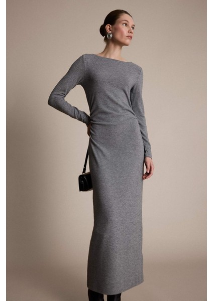 Fitted Bisiklet Yaka Penye Uzun Kollu Midi Elbise G6952AX25WN fiyatları