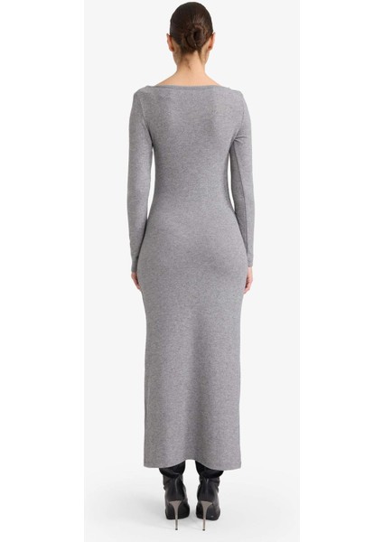 Fitted Bisiklet Yaka Penye Uzun Kollu Midi Elbise G6952AX25WN fırsatları