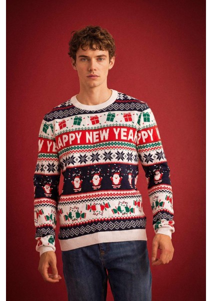 Standart Fit Yılbaşı Temalı Bisiklet Yaka Triko Kazak D5489AX24WN