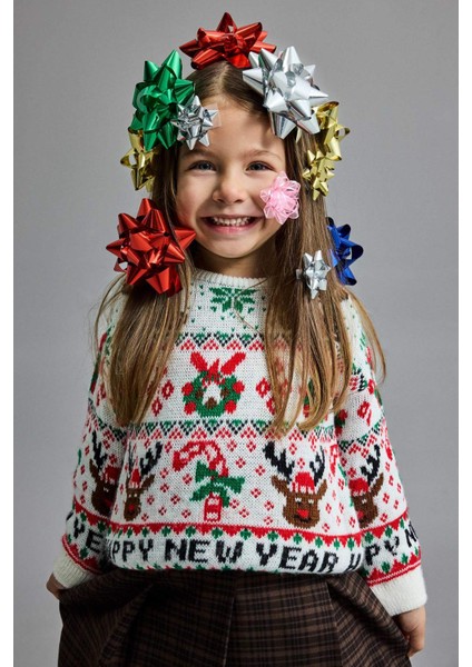 Kız Bebek Yılbaşı Temalı Bisiklet Yaka Triko Kazak G1281A525WN