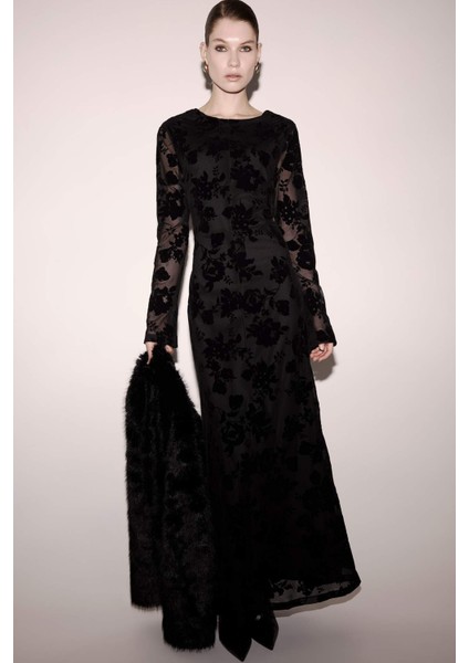 Yılbaşı A Kesim Bisiklet Yaka Tül Uzun Kollu Elbise G7127AX25WN fiyatları