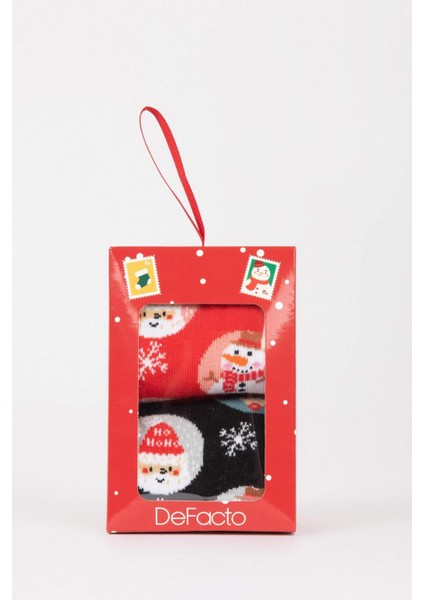 Erkek Yılbaşı Temalı Yeni Yıl Baskılı Kutulu 2'li Pamuklu Uzun Çorap Y4960AZNS