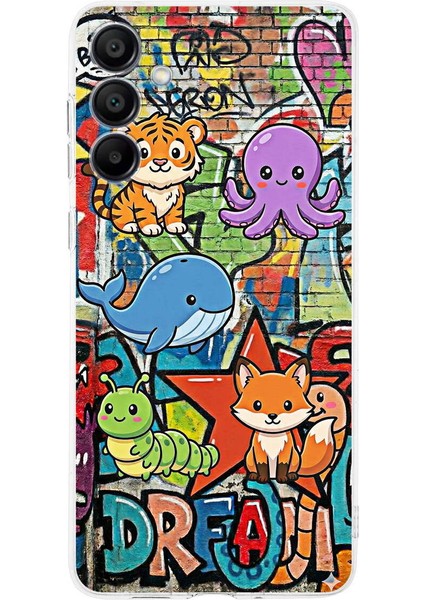 Samsung Galaxy A15 ile Uyumlu Grafiti Mini Tasarımlı Şeffaf Silikon Kılıf