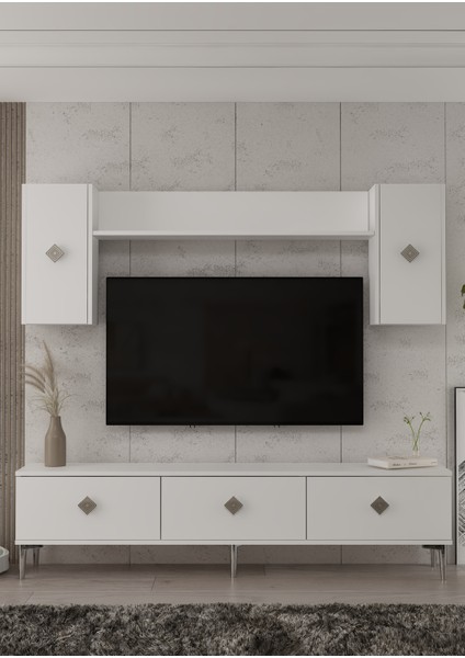 1337TV180-1DD Tv Ünitesi , Tv Sehpası Beyaz-Gümüş