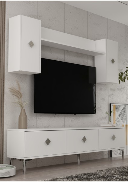 1337TV180-1DD Tv Ünitesi , Tv Sehpası Beyaz-Gümüş