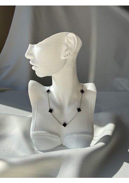 Çelik Siyah Dört Yaprak Figürlü Şans Kolye Silver Renk