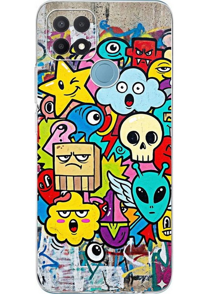 Oppo A15 ile Uyumlu Grafiti Doodle Tasarımlı Şeffaf Silikon Kılıf