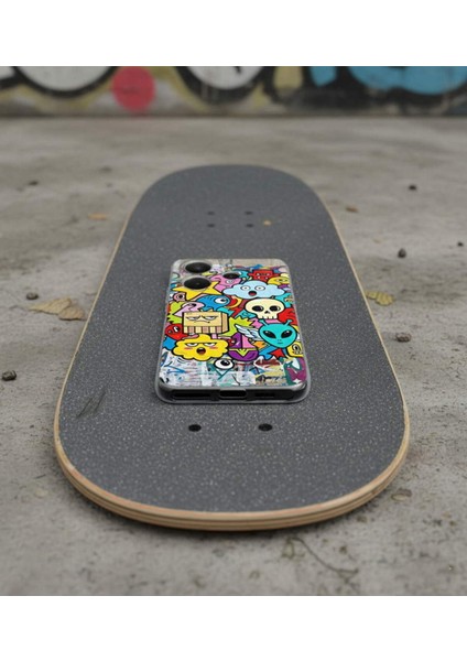 Oppo A15 ile Uyumlu Grafiti Doodle Tasarımlı Şeffaf Silikon Kılıf