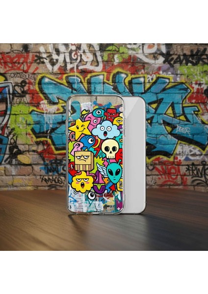 Oppo A15S ile Uyumlu Grafiti Doodle Tasarımlı Şeffaf Silikon Kılıf