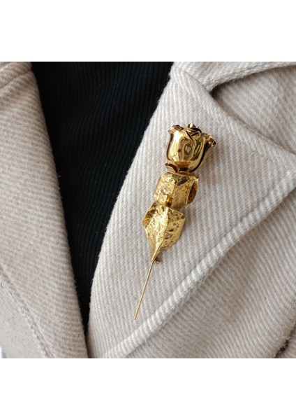 Gold Metal Gül Broş-Vintage Kadın Yaka Iğnesi