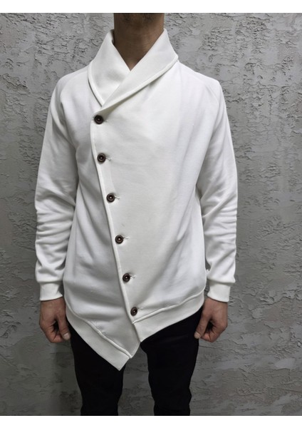 Asimetrik Kesim Düğmeli Şal Yaka Hırka