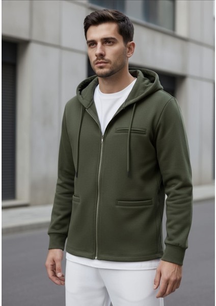 Kapşonlu Fermuarlı Erkek Hırka