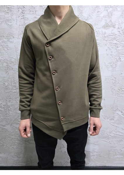 Asimetrik Kesim Düğmeli Şal Yaka Hırka