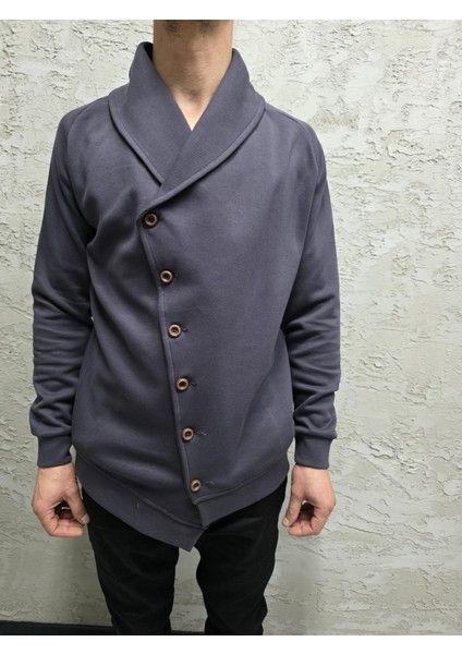 Asimetrik Kesim Düğmeli Şal Yaka Hırka