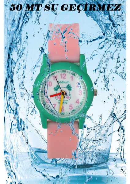 Çocuk Kol Saati Su Geçirmez Rodium Analaog (2211) (Pembe-Yeşil)